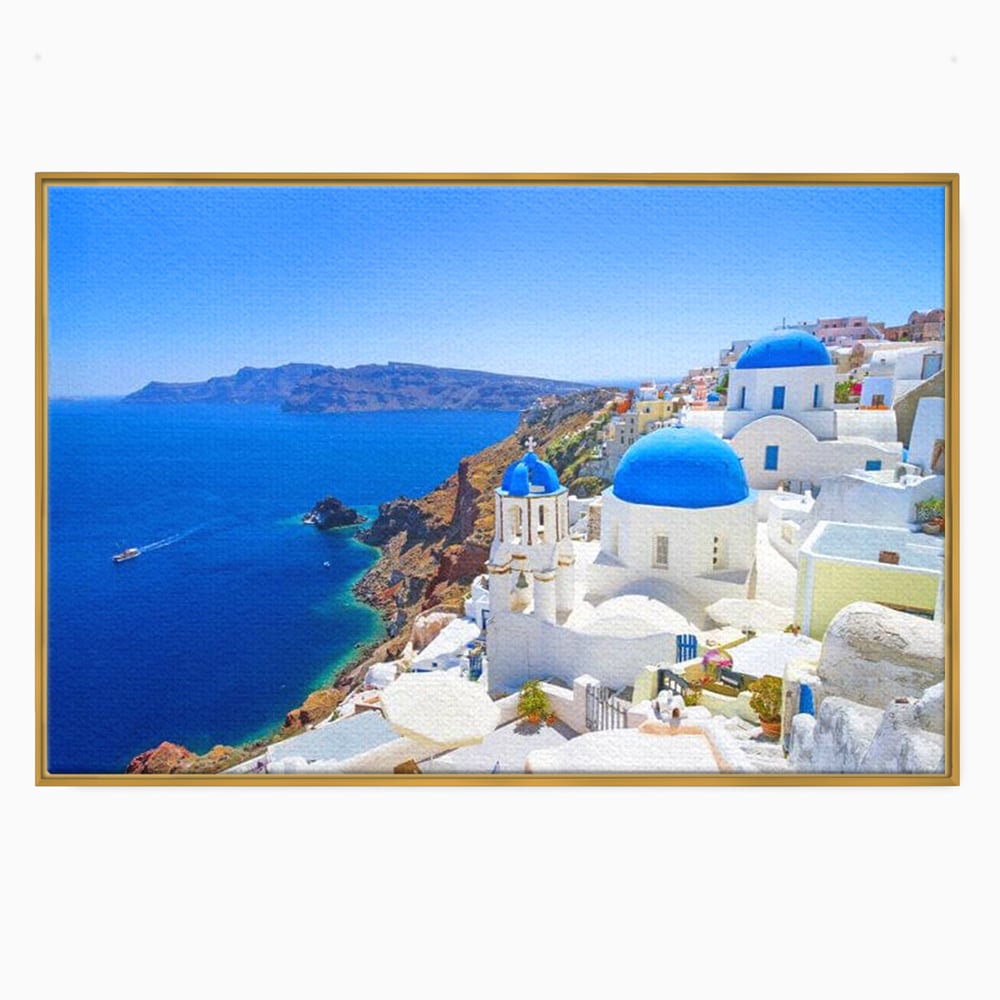 Tablou canvas cu tablou canvas cu peisaj din santorini, in rama de aluminiu auriu